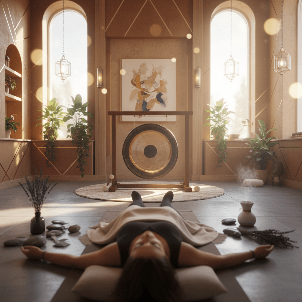 A serene sound wellness session at Soul Art Dubai, with founder Larissa Steinbach playing crystal singing bowls in a luxurious, calming environment to demonstrate the science of sound.
