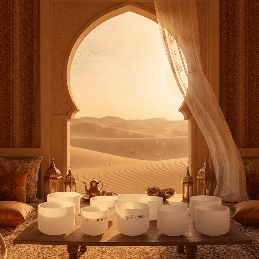 امرأة تستلقي على سرير علاجي متطور، يرمز إلى الاسترخاء العميق للعلاج بالاهتزازات الصوتية في سول آرت، دبي. لاريسا ستاينباخ تقدم هذه التجربة التحويلية.