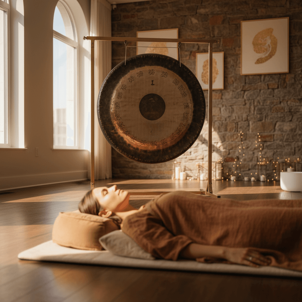 Larissa Steinbach, Gründerin von Soul Art Dubai, spielt einen großen, schimmernden Gong in einem ruhigen Raum, symbolisierend die Verbindung von Klang, Spiritualität und ganzheitlichem Wohlbefinden.