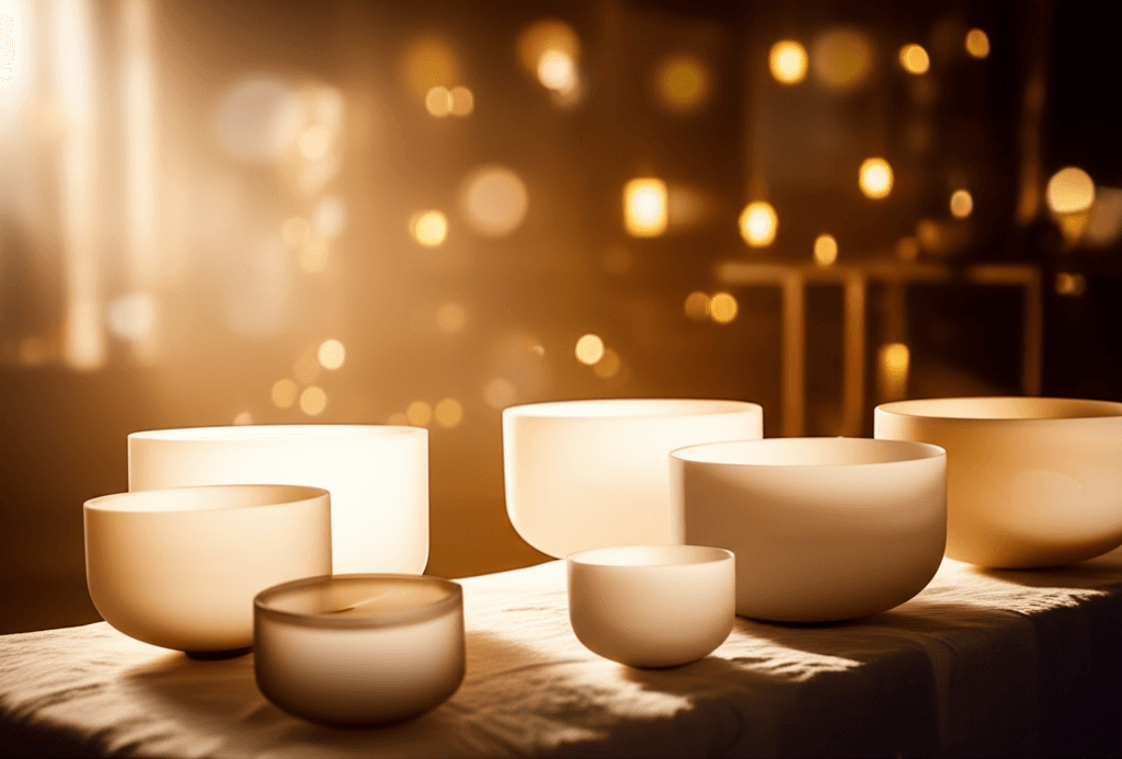 A serene image of a woman meditating with sound bowls, bathed in soft, warm light, representing the quiet luxury experience at Soul Art Dubai, founded by Larissa Steinbach, offering deep relaxation and freedom from the inner critic.