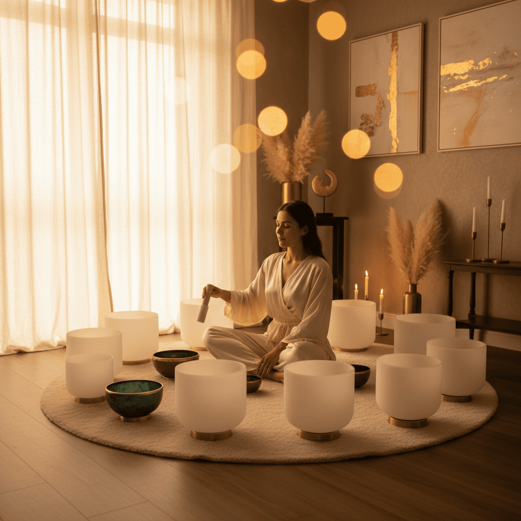 A person meditating during a sound bath, enveloped in soft light and gentle vibrations, symbolizing deep relaxation and cognitive enhancement through sound wellness.