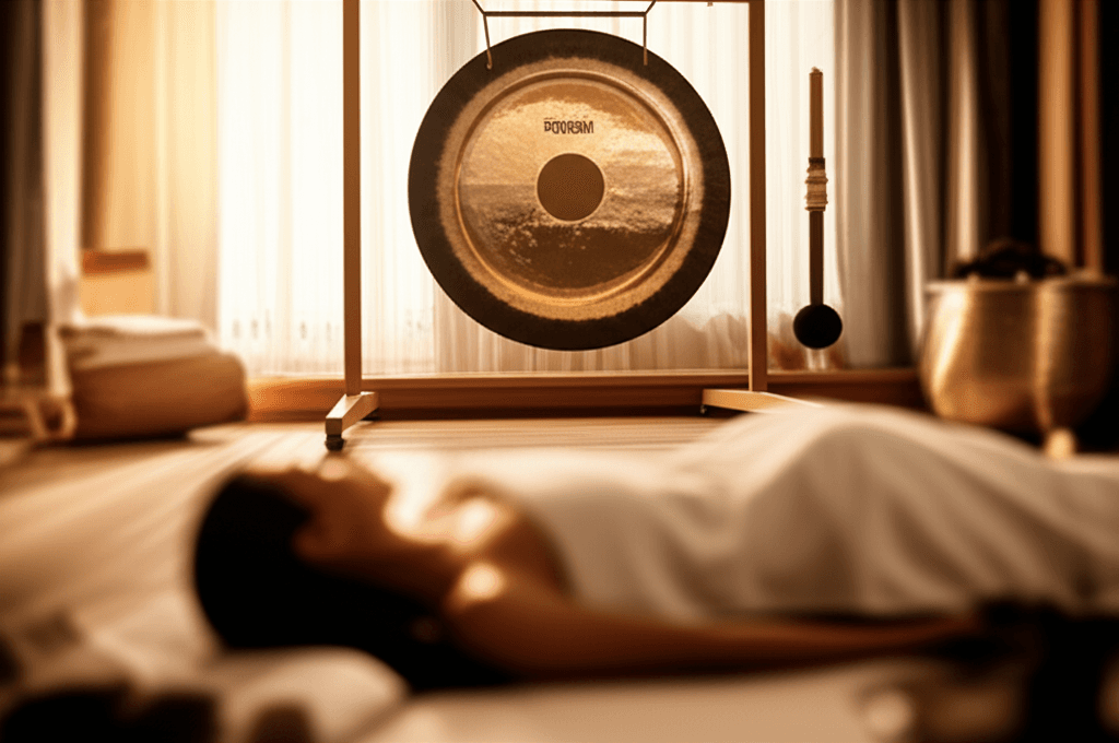 Eine Person entspannt sich in einer Klangbad-Sitzung, umgeben von Gongs. Soul Art Dubai bietet geführte Wellness-Erlebnisse von Larissa Steinbach.