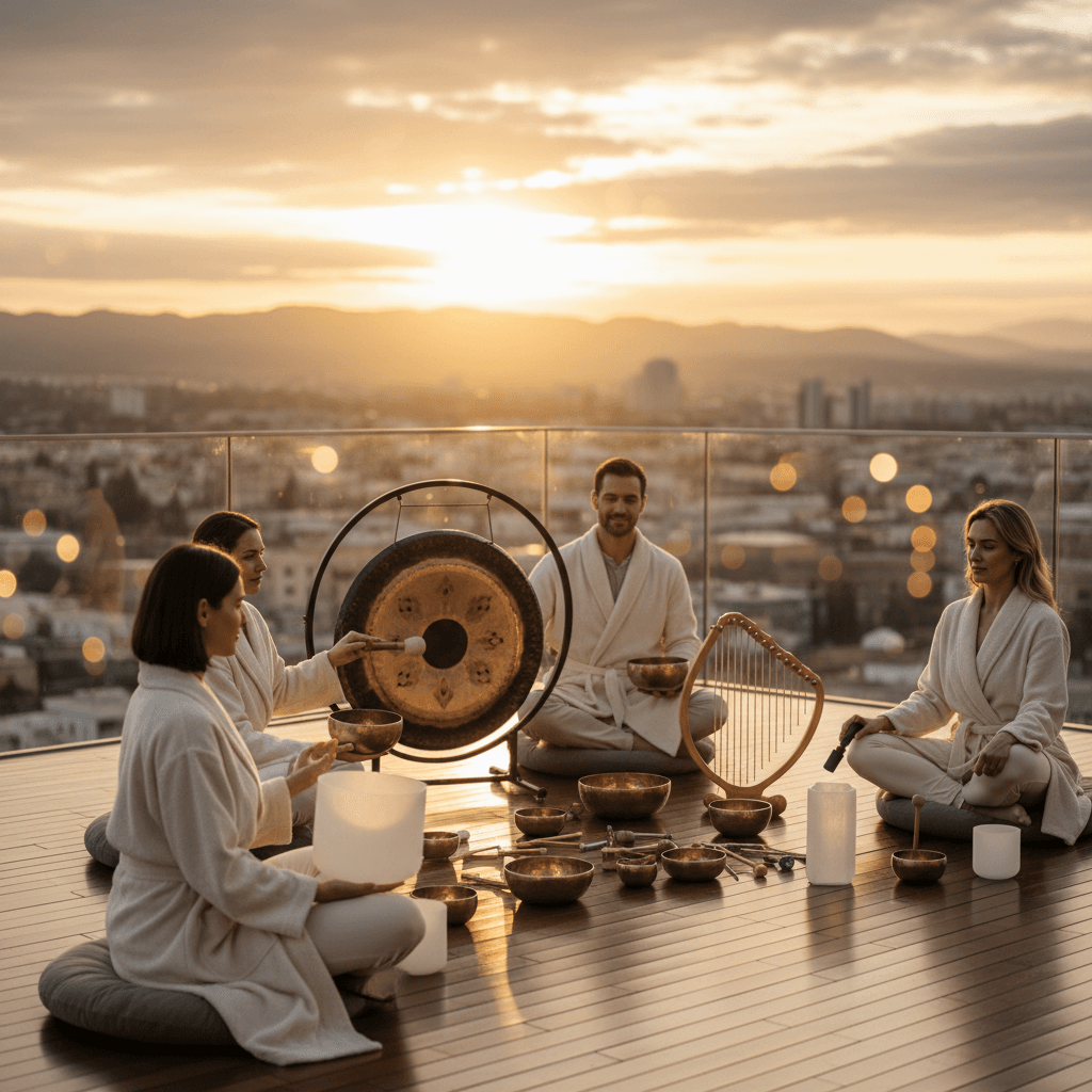 A serene corporate wellness setting, featuring muted tones and soft lighting, symbolizing the quiet luxury approach pioneered by Soul Art and Larissa Steinbach. Elements include sound bowls and a calm individual.