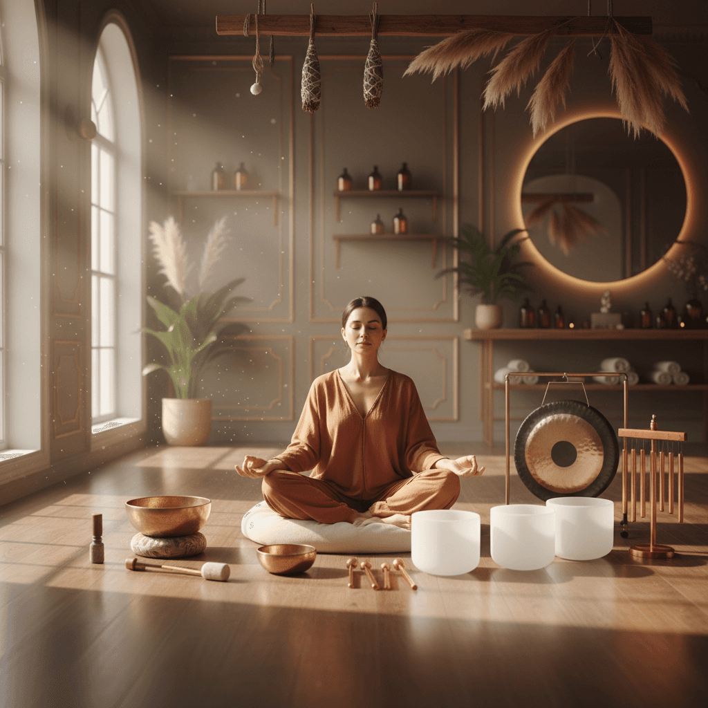 A tranquil scene at Soul Art Dubai, showcasing singing bowls and meditation cushions, embodying the serene experience offered by Larissa Steinbach's studio.