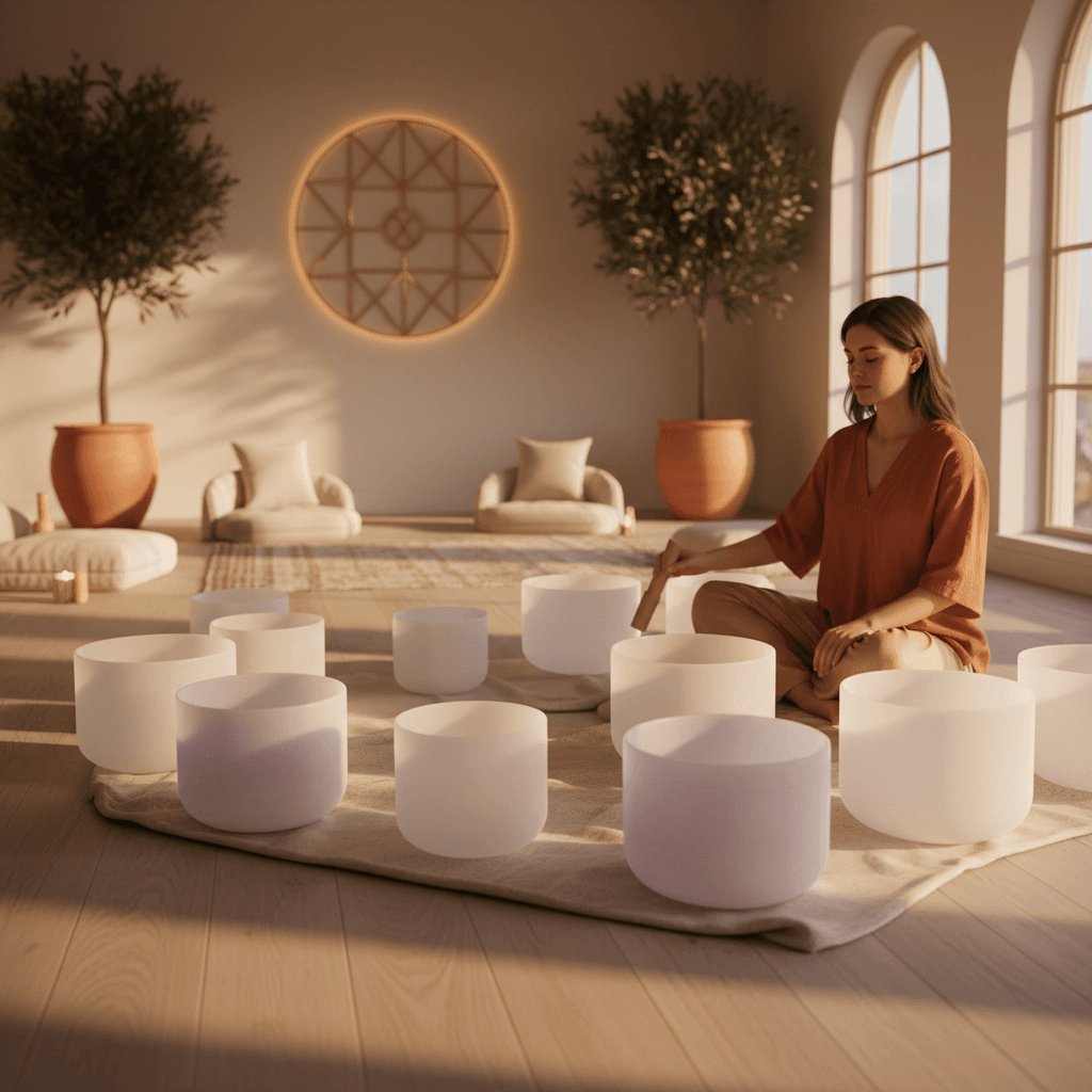 A person meditating amidst glowing sound bowls, representing the calming effect of sound wellness on the Reticular Activating System. Soul Art Dubai by Larissa Steinbach.
