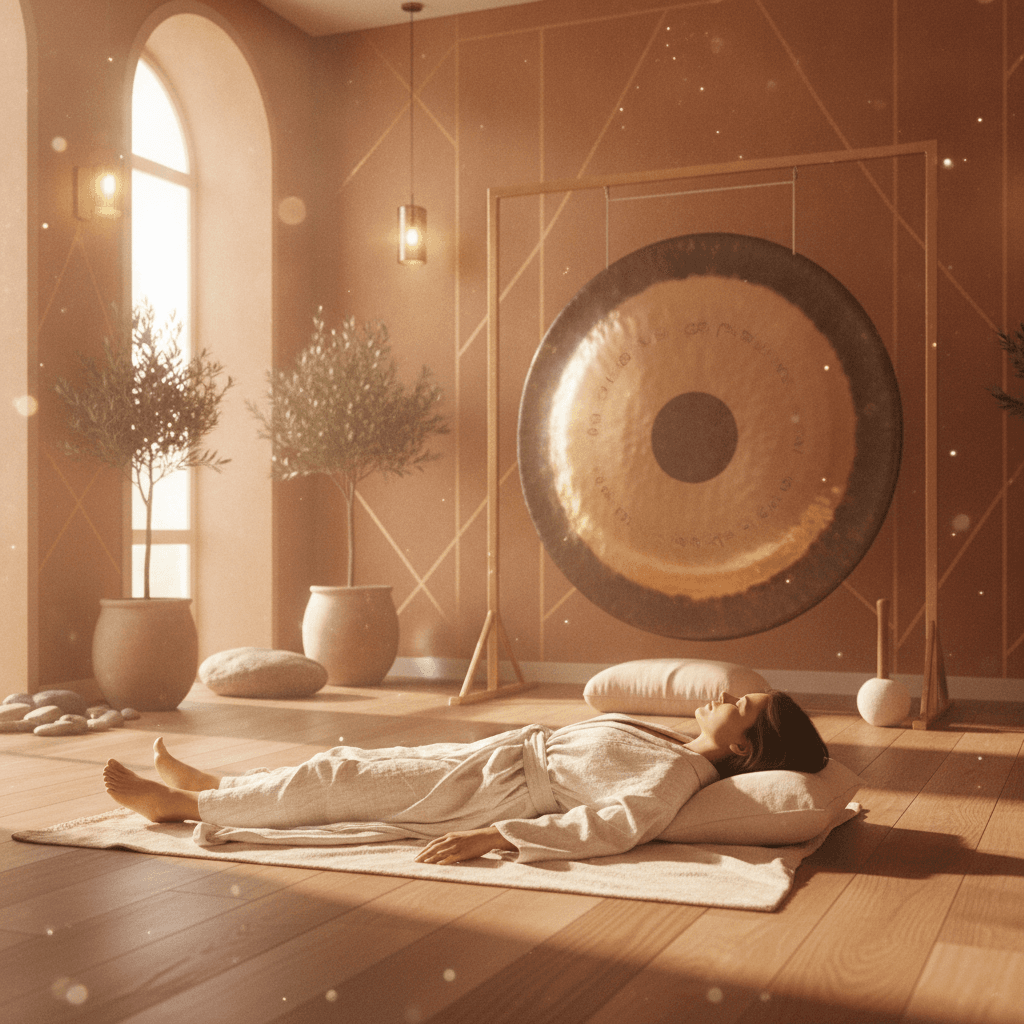 A tranquil private sound bath setting at Soul Art Dubai, featuring soft lighting, luxurious textures, and sound healing instruments, curated by Larissa Steinbach for ultimate relaxation and wellness.