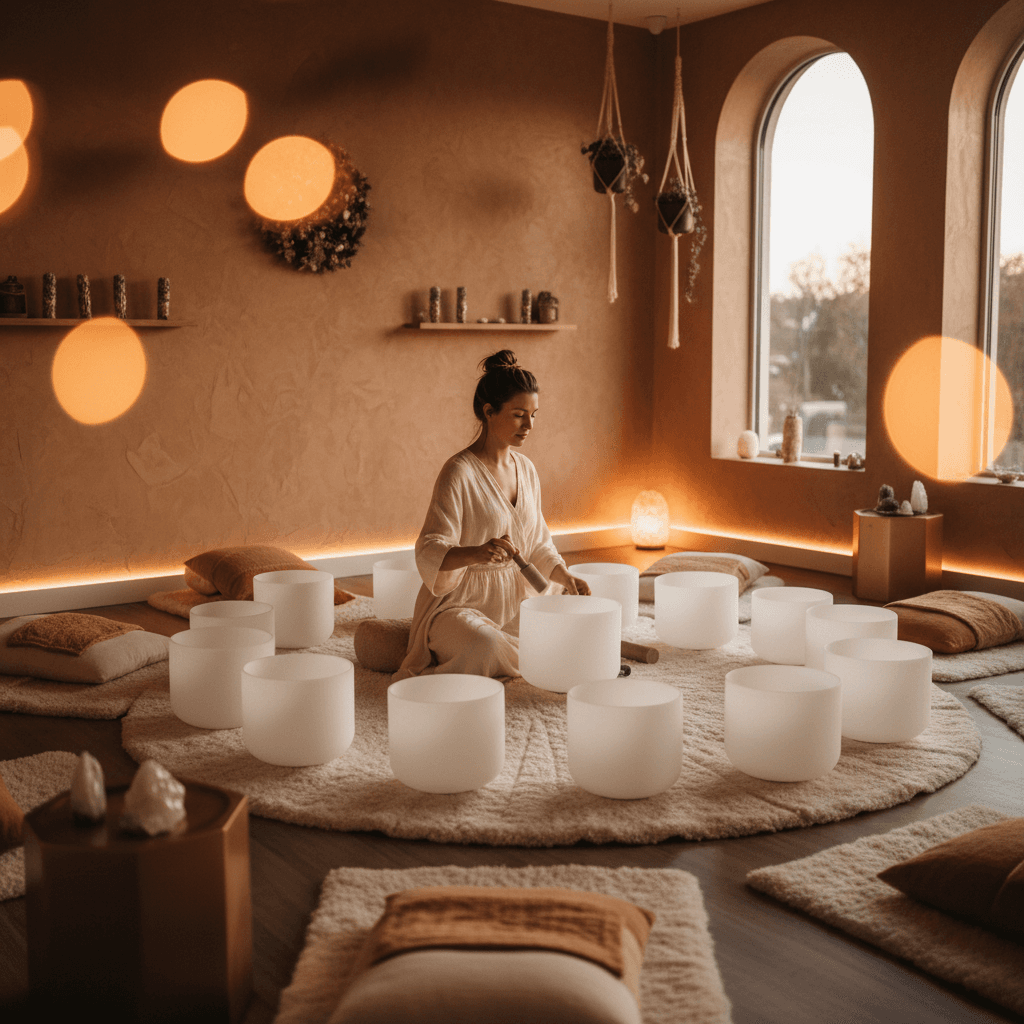 A close-up of a Tibetan singing bowl resonating during a private sound healing session at Soul Art Dubai, guided by Larissa Steinbach, emphasizing personalized wellness.