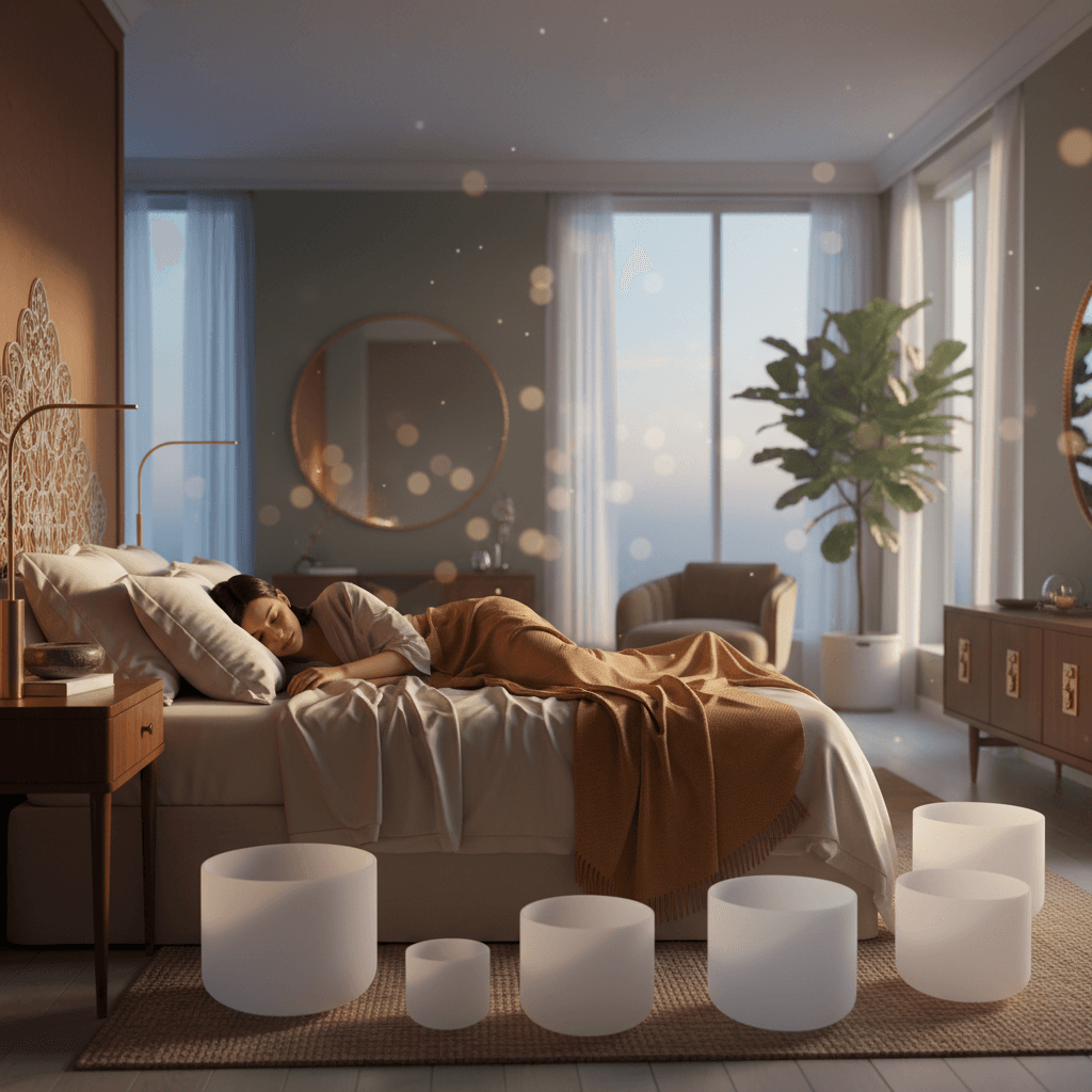 Larissa Steinbach von Soul Art Dubai in einem friedlichen Klang-Wellness-Studio, umgeben von Klangschalen, die zur Schlaf- und Stressreduktion beitragen.