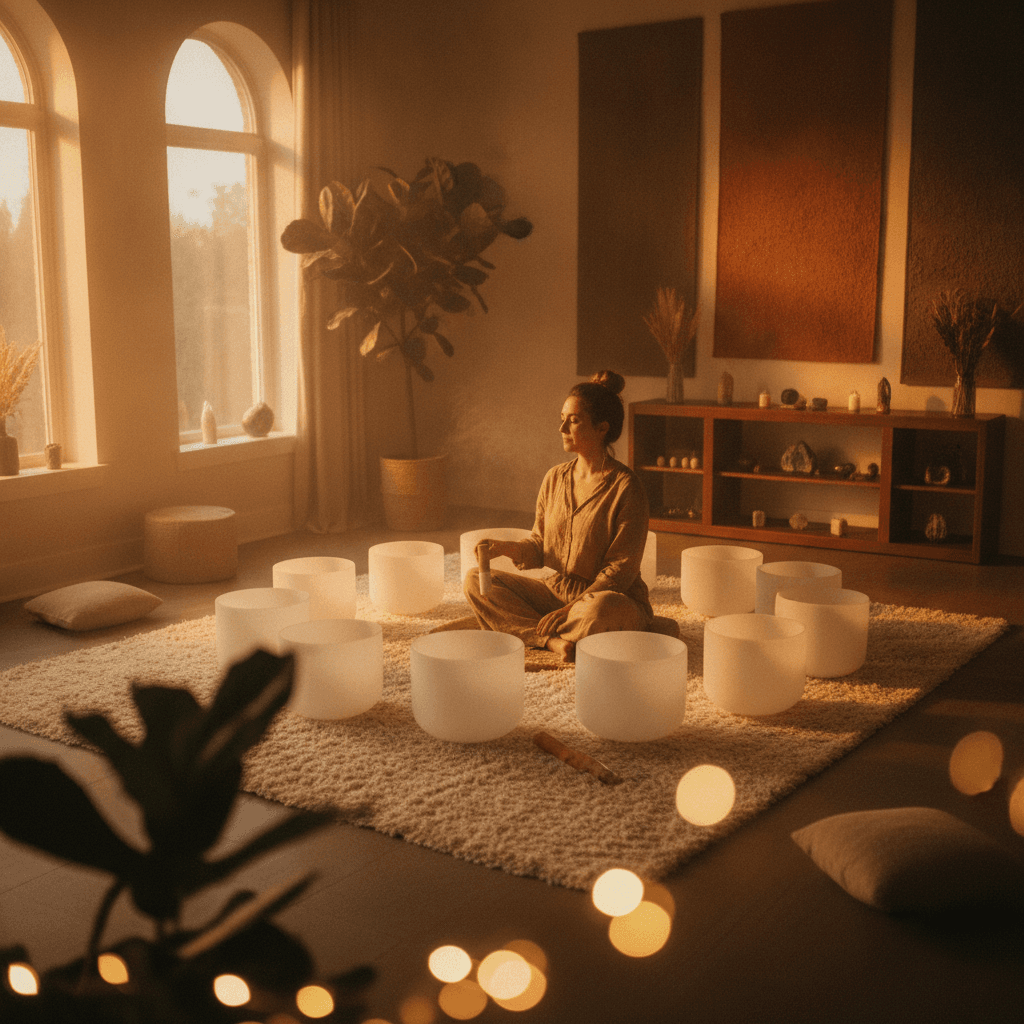 A tranquil scene at Soul Art Dubai, featuring a sound bowl bathed in soft light, embodying the serene quiet ritual practices championed by Larissa Steinbach.
