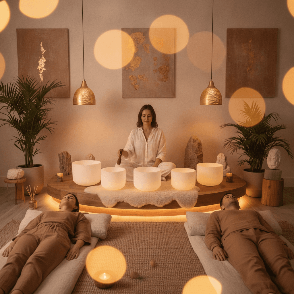 Larissa Steinbach leading a profound sound wellness session at Soul Art Dubai, featuring crystal singing bowls and gongs, illustrating the deep impact of body-based sound on physical and mental well-being through body-based sound.