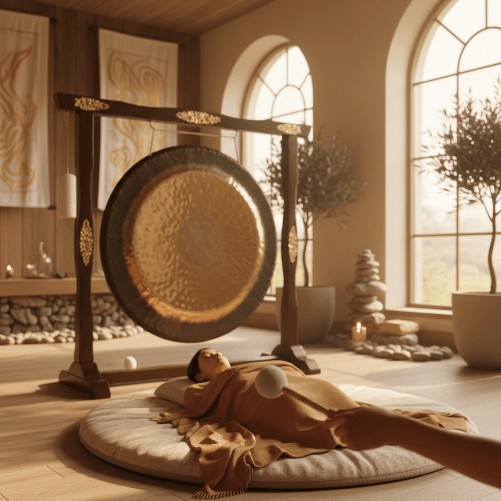 Larissa Steinbach facilitating a Voice Bath sound wellness session at Soul Art Dubai, with serene lighting and crystal singing bowls, emphasizing the healing power of vocalizations.