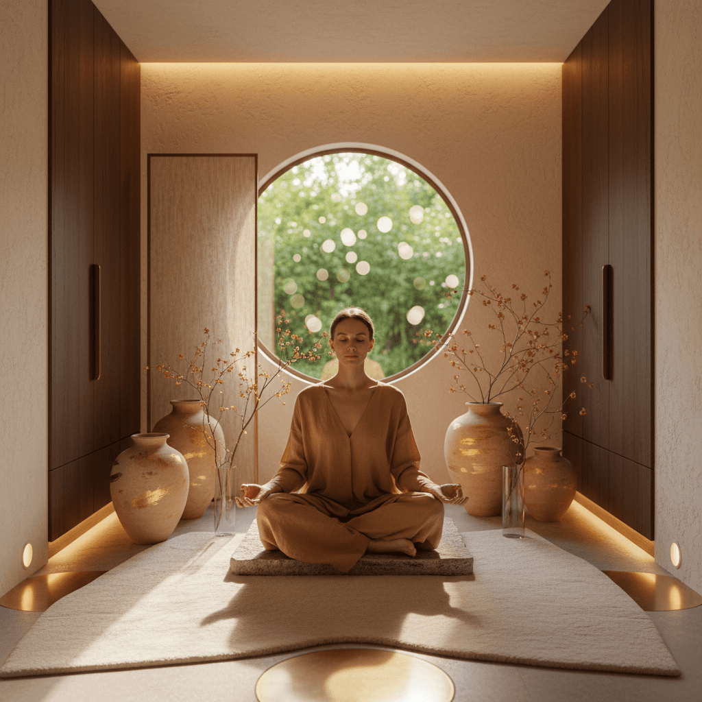 Person meditating with sound bowls, theta waves promoting creativity and focus