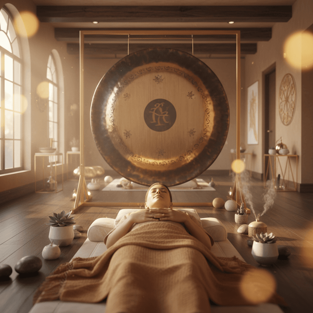 Larissa Steinbach, founder of Soul Art Dubai, facilitating a Three Bowl Sound Bath with crystal singing bowls resonating frequencies for root, heart, and crown wellbeing.