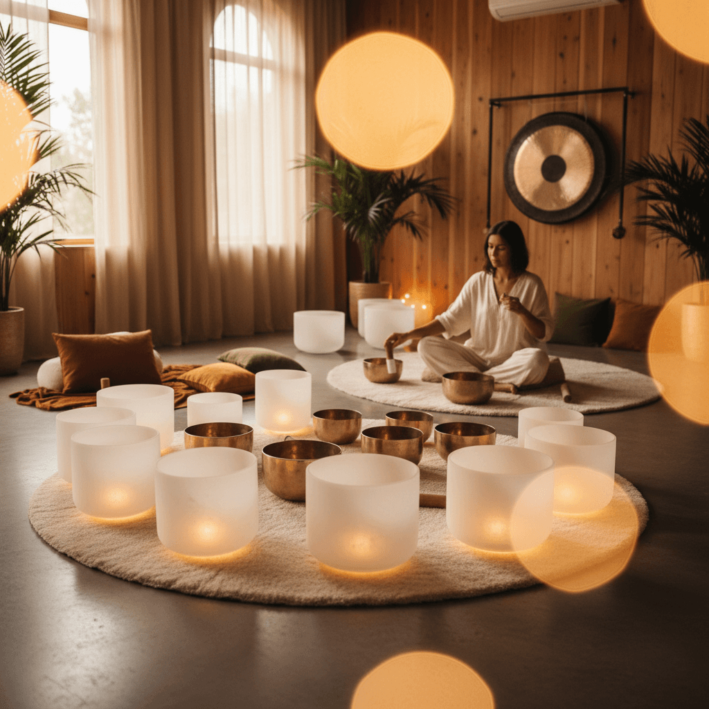 Eine Frau entspannt während einer Klang-Wellness-Sitzung bei Soul Art Dubai, geleitet von Larissa Steinbach, um Schilddrüsengesundheit und Stoffwechsel zu fördern.