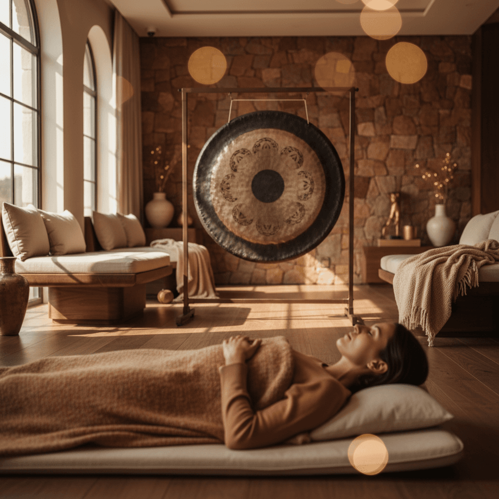 A person meditating during a sound bath, with singing bowls and gongs. Focus on safety and inclusivity for tinnitus at Soul Art Dubai, founded by Larissa Steinbach.