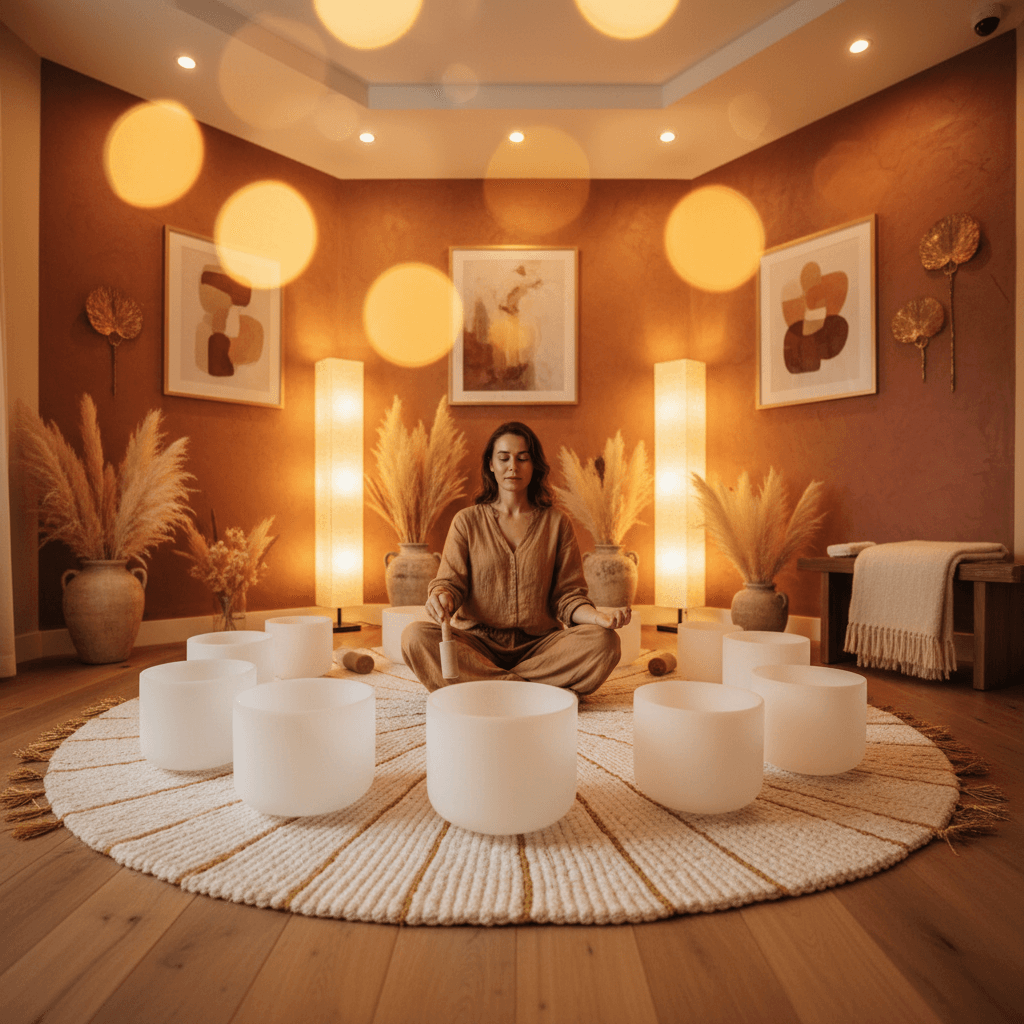 Soul Art Dubai serene studio interior with sound healing instruments and founder Larissa Steinbach offering Tinnitus Retraining Therapy sound wellness.