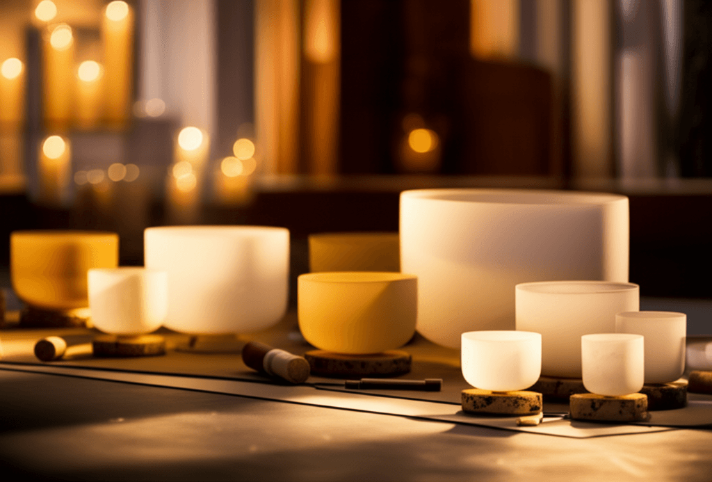 Larissa Steinbach guiding a sound therapy session at Soul Art Dubai, featuring gentle chimes and singing bowls for tinnitus wellness and deep relaxation.