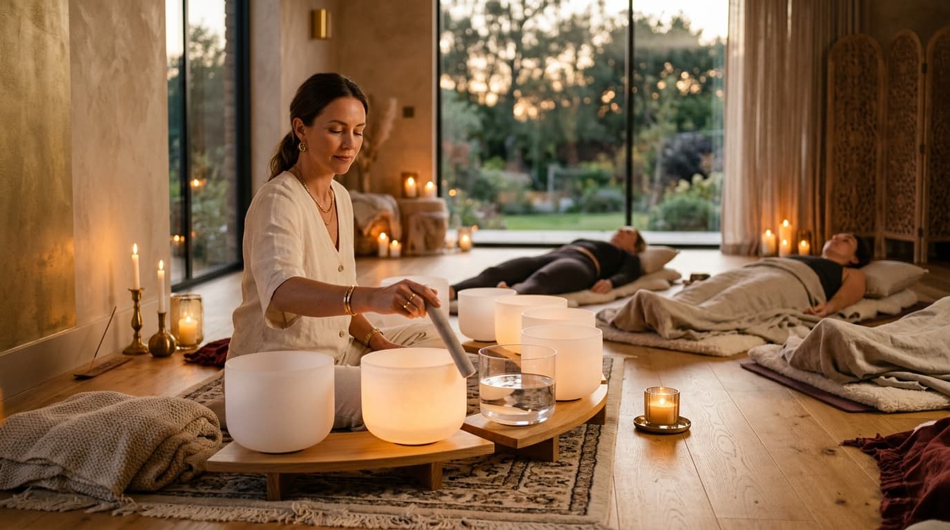 Larissa Steinbach von Soul Art Dubai demonstriert eine tiefe Klangerfahrung mit großen Klangschalen in einem ruhigen, luxuriösen Studio, das die Prinzipien der Titration verkörpert.
