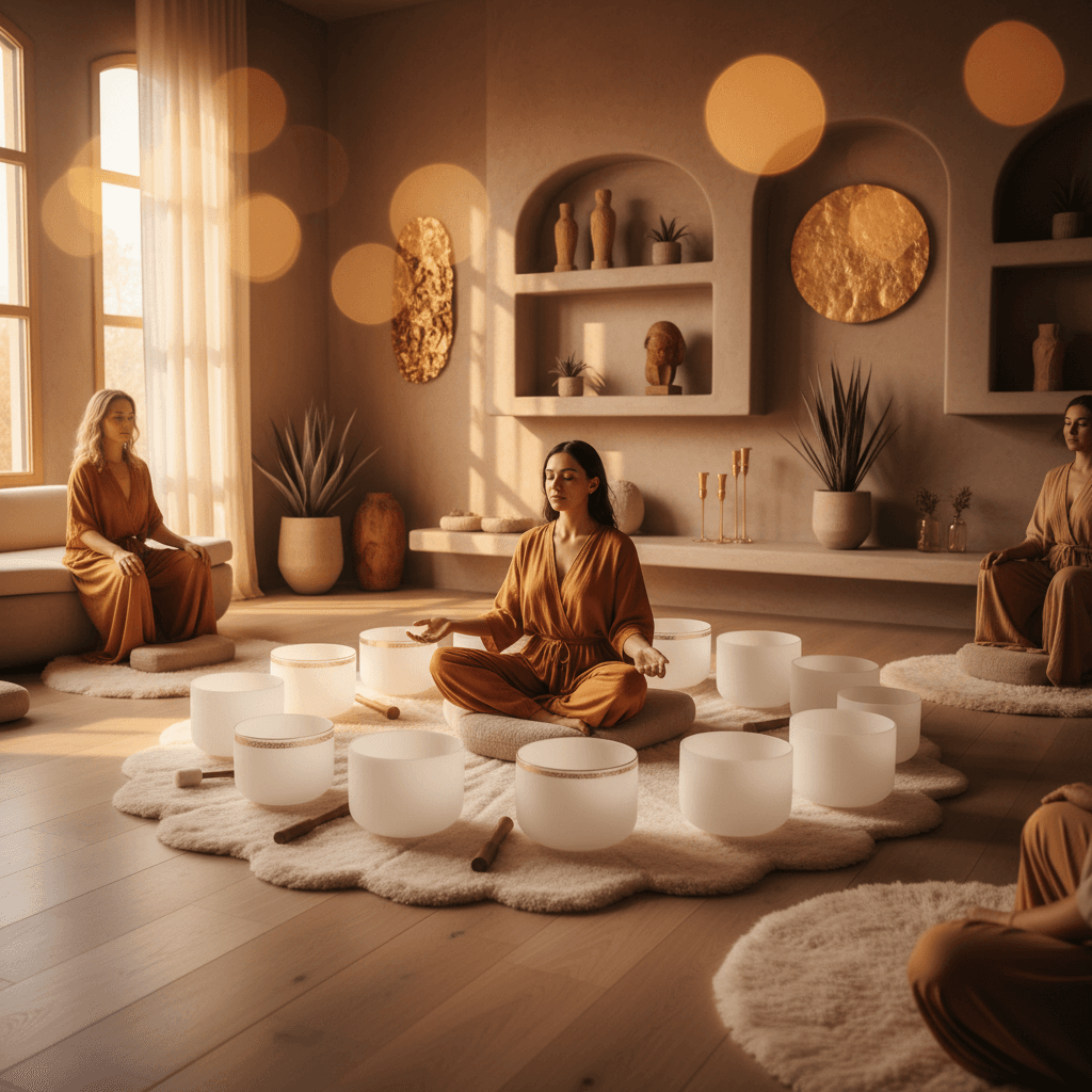A person experiencing deep relaxation during a sound bath session at Soul Art Dubai, with gentle light and instruments visible, featuring Larissa Steinbach's wellness approach.