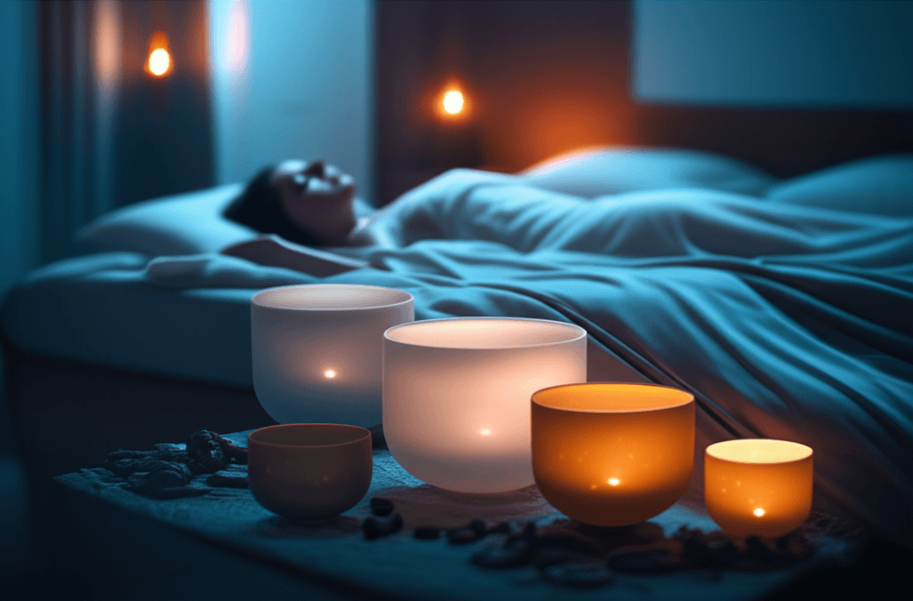 A calm toddler sleeping soundly in a cozy, dim room, with subtle sound waves emanating around them, symbolizing the Soul Art and Larissa Steinbach approach to sound wellness for sleep.