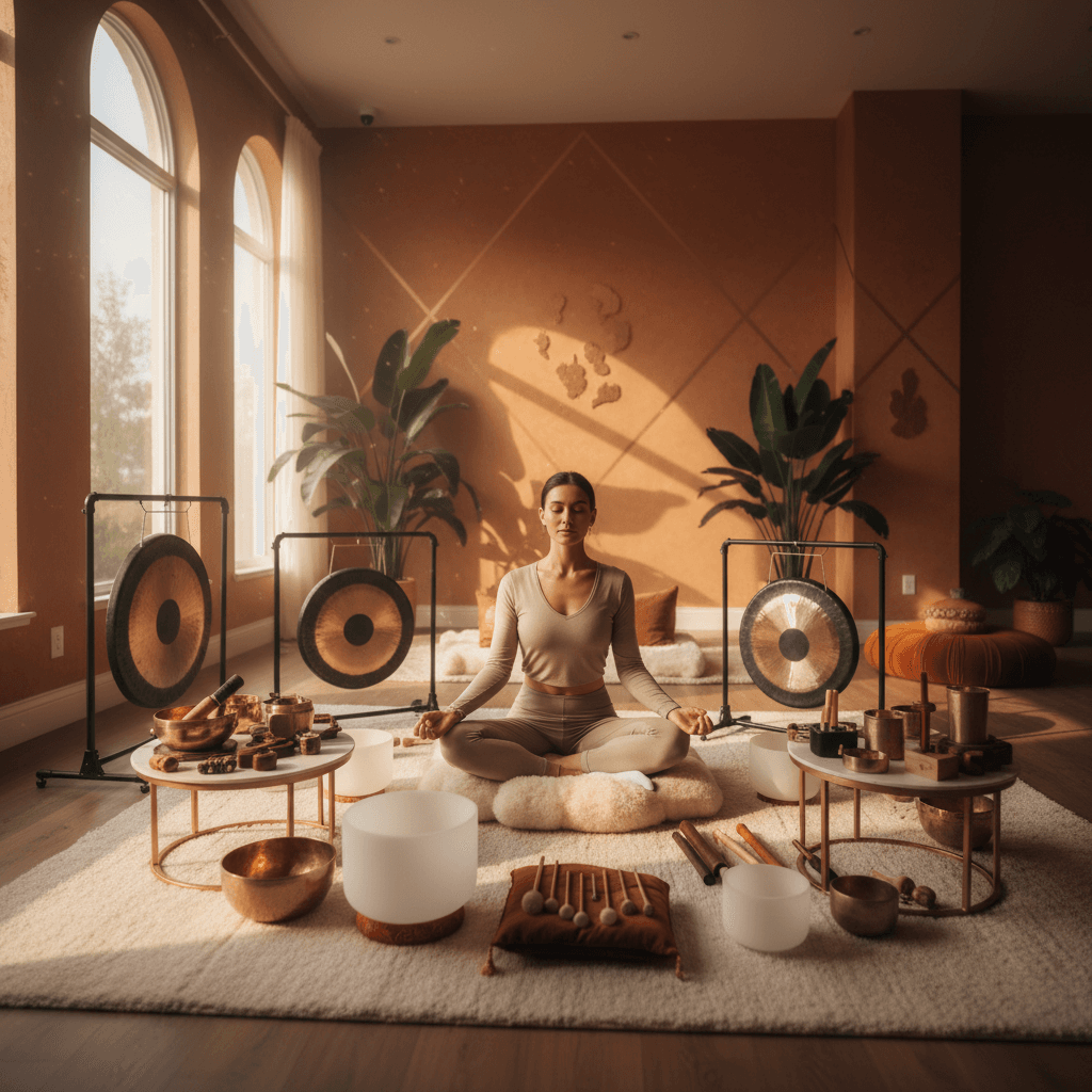 A tranquil image of a steel tongue drum bathed in soft light, set against a calming background. Image represents Soul Art Dubai's focus on sound wellness led by Larissa Steinbach, promoting meditation and deep relaxation.