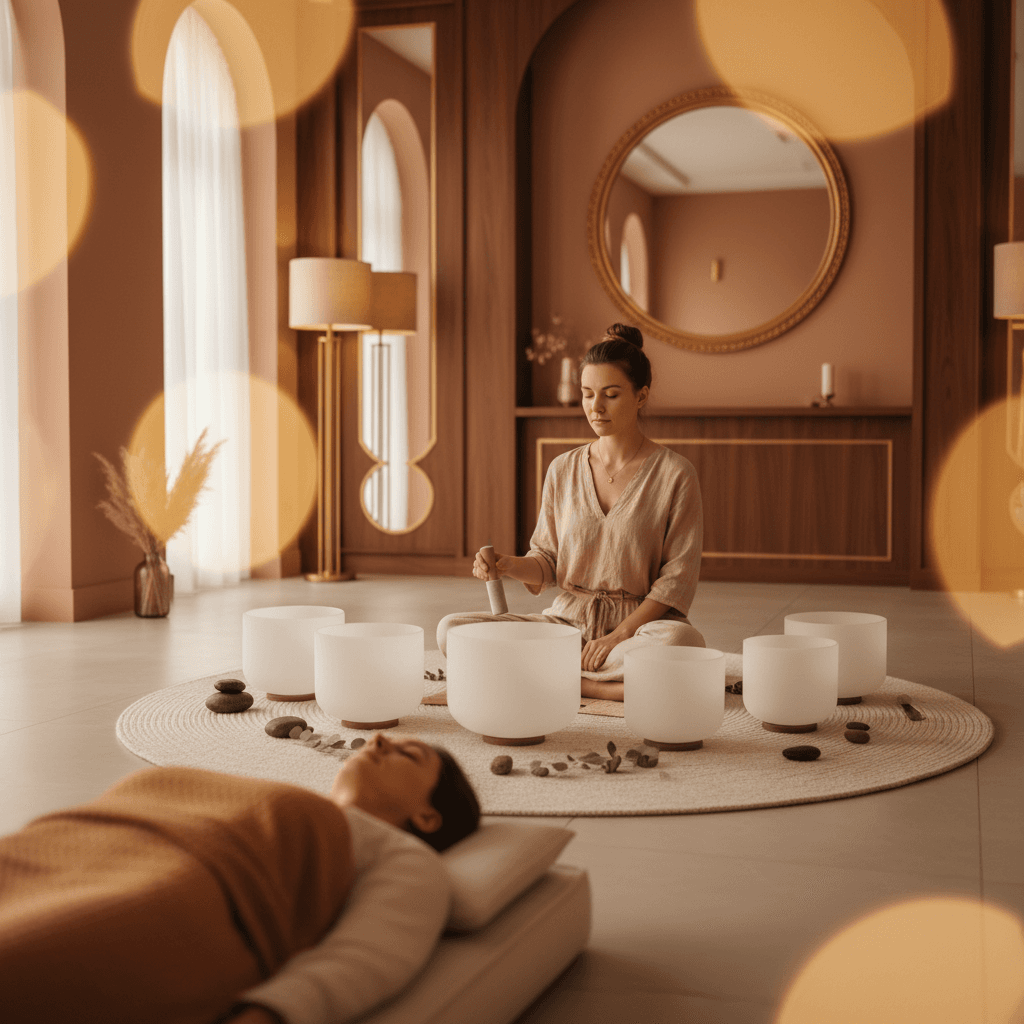 A focused trader in Dubai, wearing headphones and looking at multiple screens, illustrating high-stakes decision-making. Soul Art and Larissa Steinbach advocate for sound wellness to enhance cognitive performance in demanding environments.