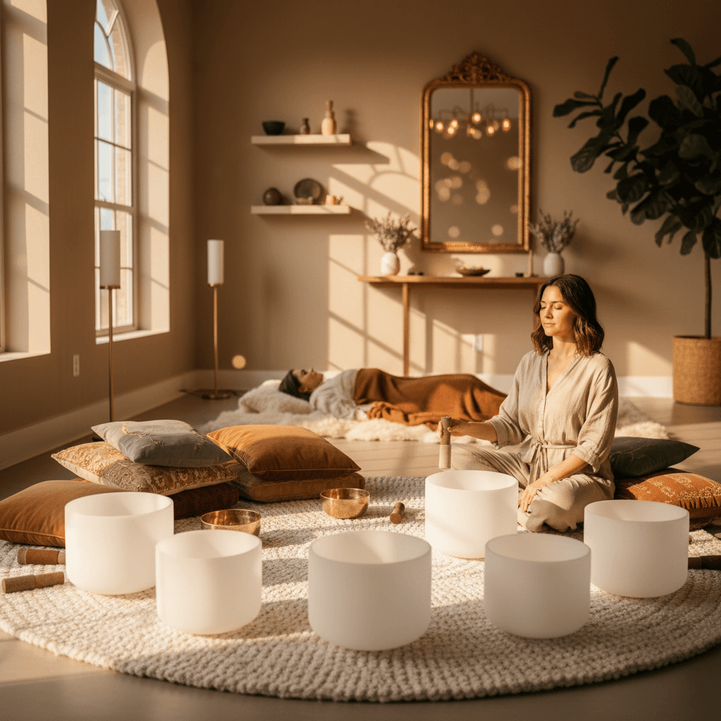 A person in deep meditation surrounded by gentle light and sound, representing transcendence through sound at Soul Art Dubai, founded by Larissa Steinbach.