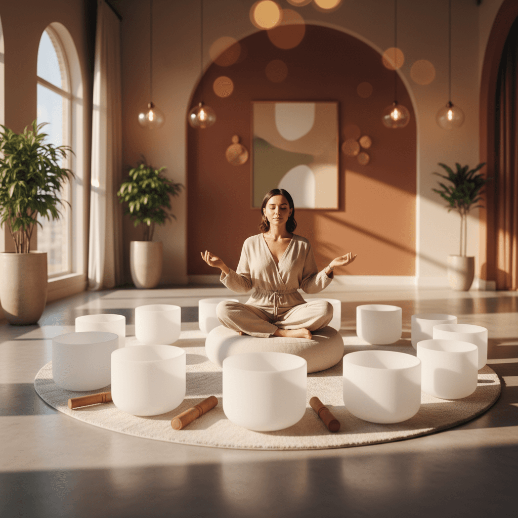 Larissa Steinbach facilitating a deeply calming sound wellness session at Soul Art Dubai, with singing bowls and gongs, supporting individuals during the active dying process.