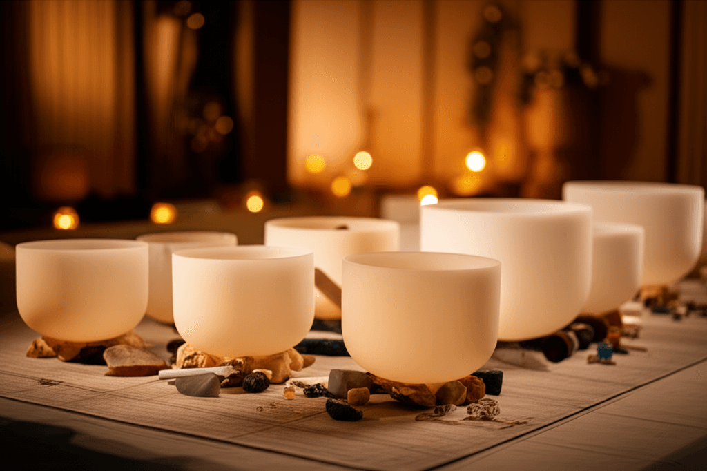 A serene image of crystal singing bowls glowing with soft light, evoking calm and healing. Represents Soul Art's unique sound wellness approach by Larissa Steinbach for trauma and addiction.