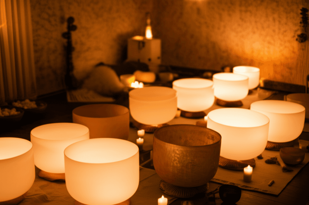 A person in a meditative pose surrounded by soft light, representing healing and calm facilitated by Soul Art with Larissa Steinbach, focusing on sound for nervous system regulation.