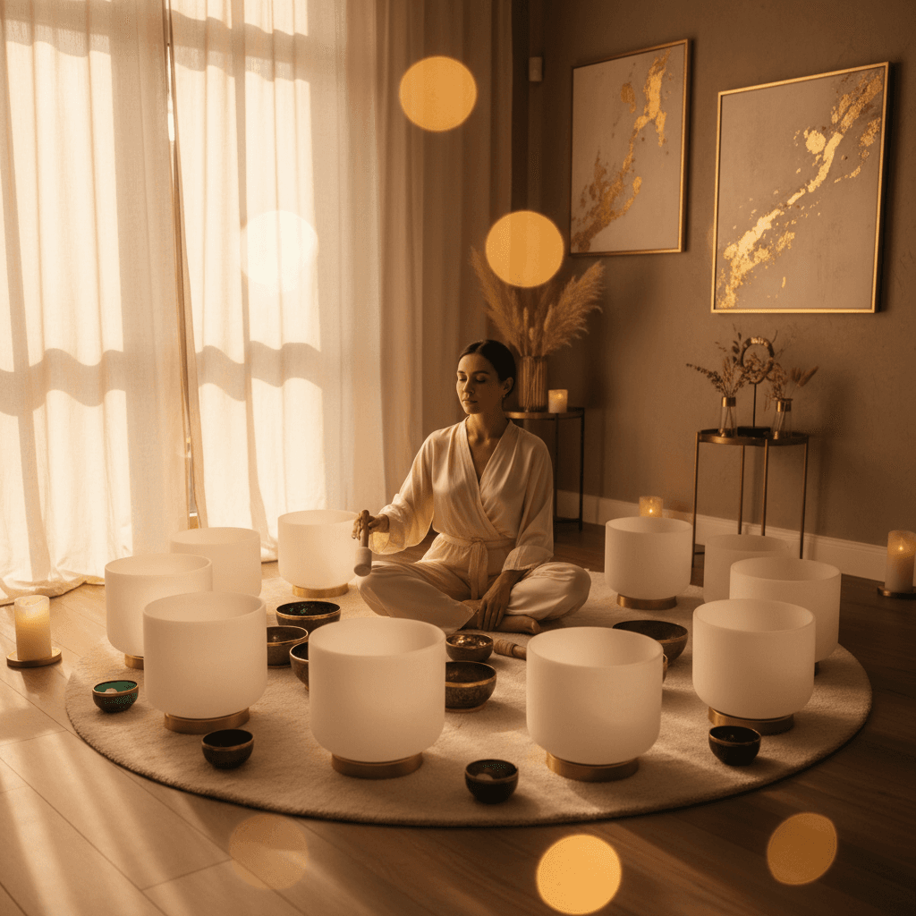 Larissa Steinbach von Soul Art Dubai führt ein traumasensibles Screening vor einer Klangtherapiesitzung durch, um ein sicheres und heilendes Umfeld zu gewährleisten und das Wohlbefinden zu fördern.