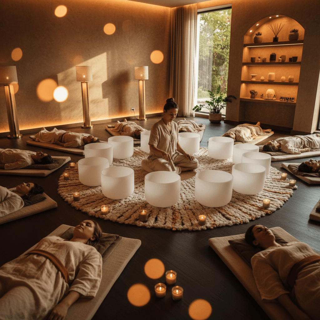 A tranquil image of a traveler meditating with headphones, symbolizing portable sound wellness. Featuring Soul Art and Larissa Steinbach branding.