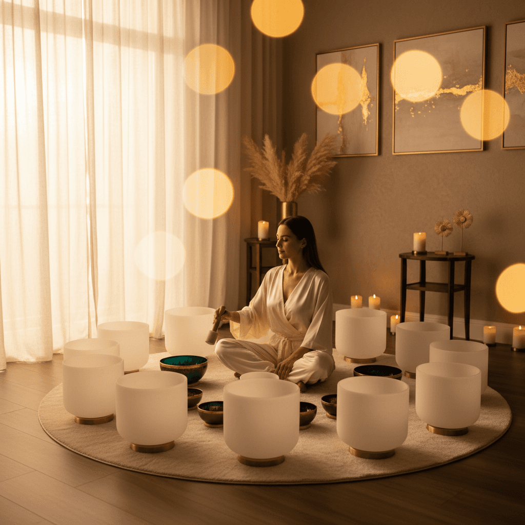 Larissa Steinbach leading a sound healing session at Soul Art Dubai, demonstrating sound wellness for jet lag recovery and travel optimization.