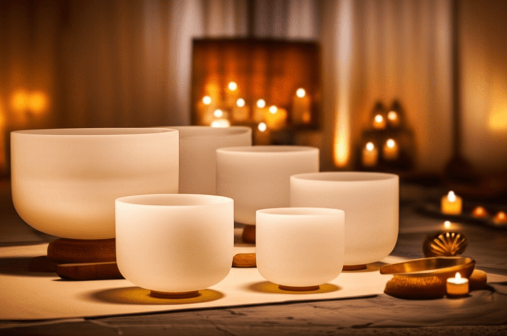 Eine sanfte Hand spielt eine tibetische Klangschale, umrahmt von diffuser, beruhigender Beleuchtung in einem Raum von Soul Art Dubai. Larissa Steinbachs Expertise in Klang-Wellness wird durch dieses Bild der tiefen Entspannung unterstrichen.