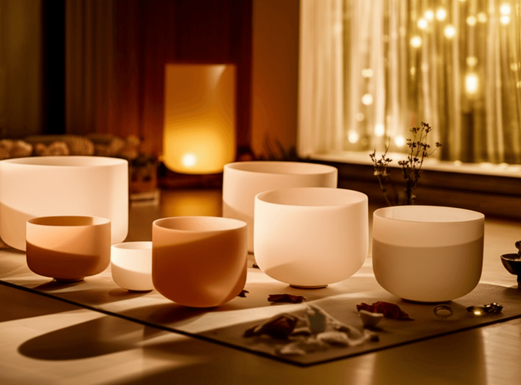 Eine Klangschale und ein Klöppel in Nahaufnahme, auf einem sanften, diffusen Hintergrund, symbolisierend Harmonie und Balance der Tridoshas durch Klangtherapie bei Soul Art mit Larissa Steinbach.