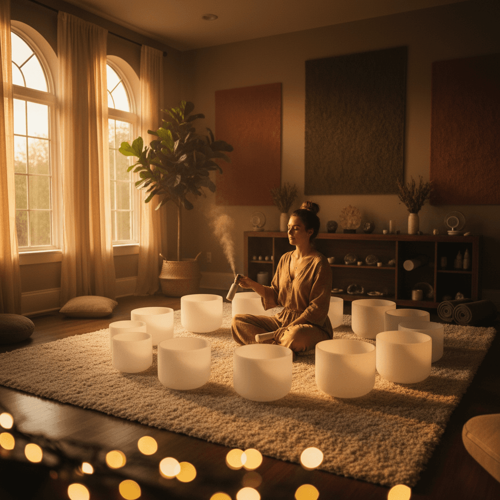 Larissa Steinbach leads a sound healing session at Soul Art Dubai, surrounded by crystal singing bowls and gongs, illustrating trust rebuilding through sound wellness after betrayal.