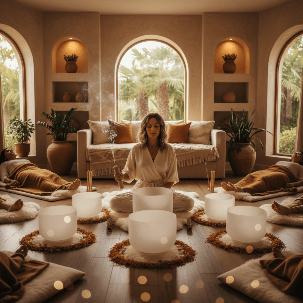 A woman receiving a sound bath at Soul Art, with serene lighting and crystal bowls, reflecting the calming environment fostered by Larissa Steinbach for wellbeing support.