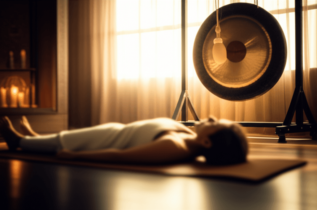Larissa Steinbach from Soul Art Dubai demonstrating various gongs, including a large symphonic gong, a wind gong, and a planetary gong, within a tranquil sound healing studio.
