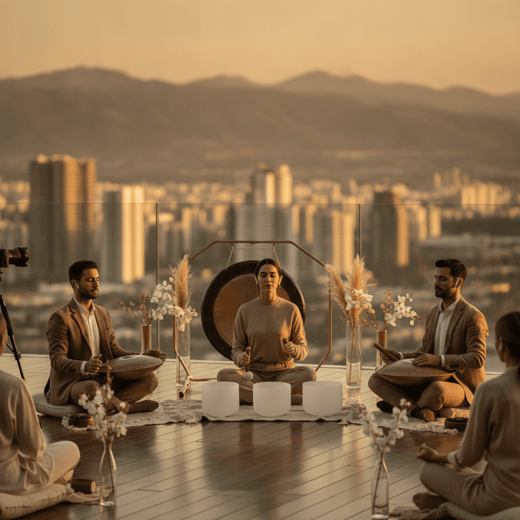 امرأة تمارس التأمل مع الأوعية الغنائية، مما يعكس برامج العافية الصوتية المؤسسية في سول آرت، دبي، التي أسستها لاريسا ستاينباخ وتستخدم بيانات HRV بعناية.