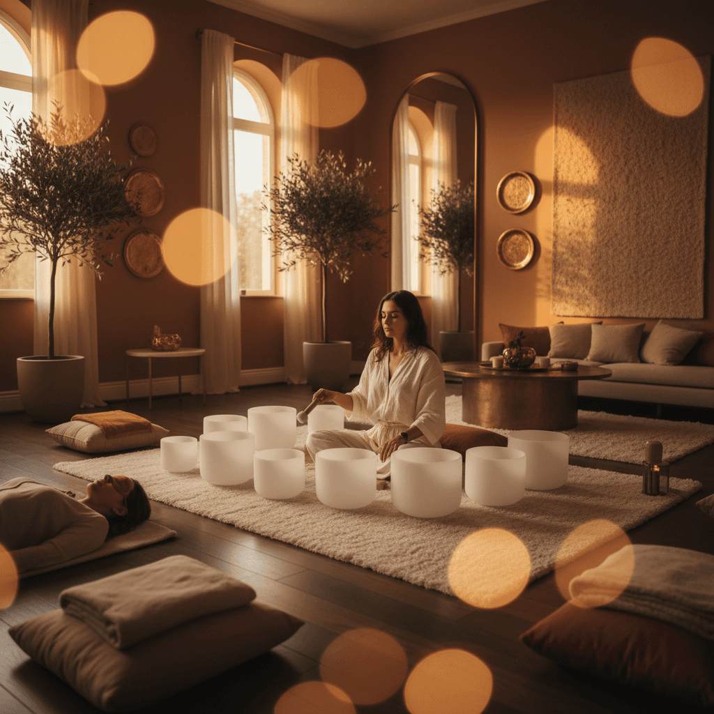 Eine Frau entspannt sich am Strand, während Kopfhörer Naturgeräusche simulieren, symbolisierend 'Urlaubsklang: Reisen und Entspannung'. Soul Art und Larissa Steinbach widmen sich dem Wohlbefinden durch Klang.