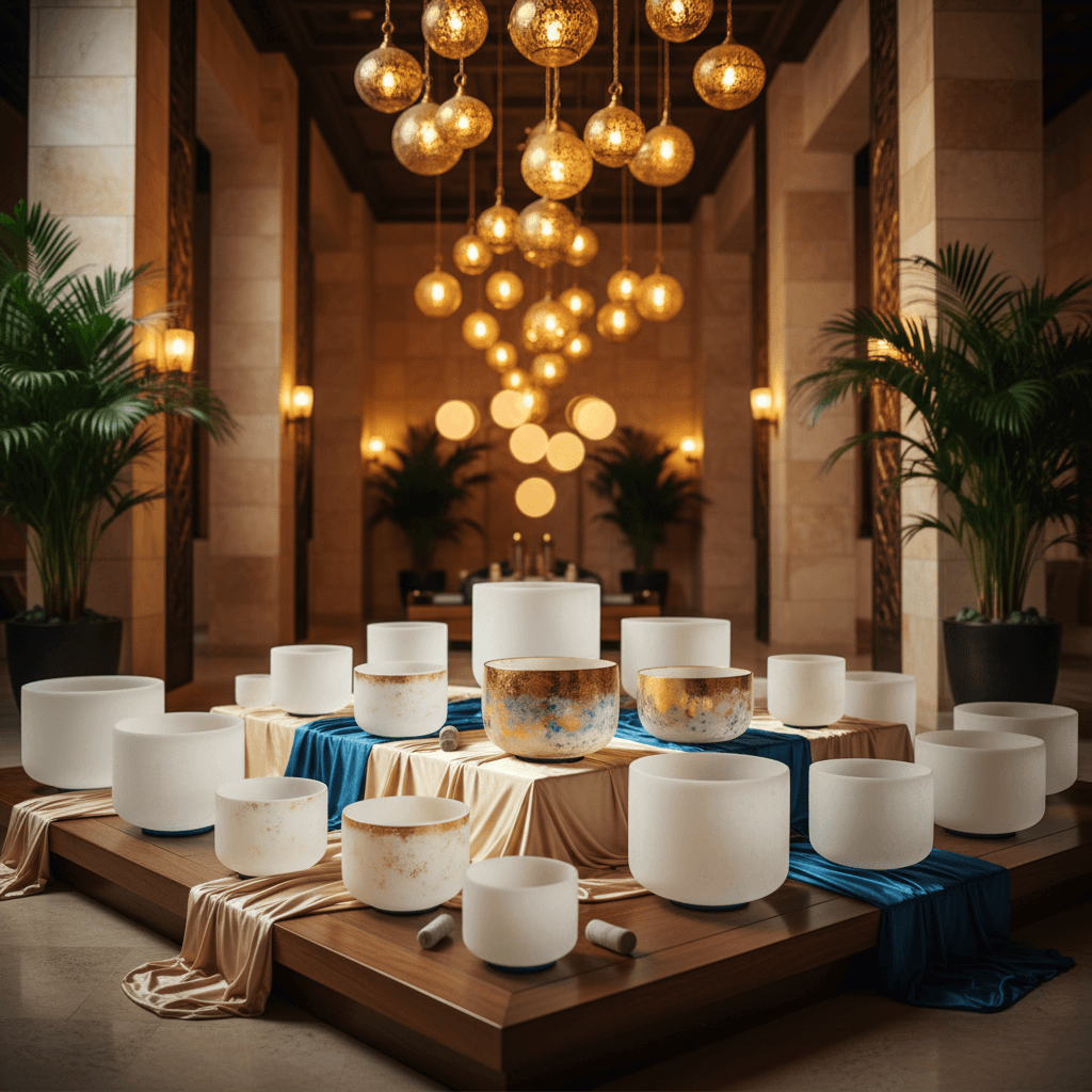 A person meditating surrounded by crystal singing bowls, illustrating how Larissa Steinbach's Soul Art uses sound to enhance vagal tone and promote well-being.