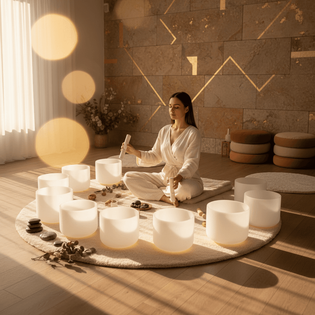 A couple experiencing sound bath meditation, surrounded by crystal singing bowls and soft lighting, at Soul Art Dubai. Larissa Steinbach's studio offers a serene sound wellness journey for connection and love.