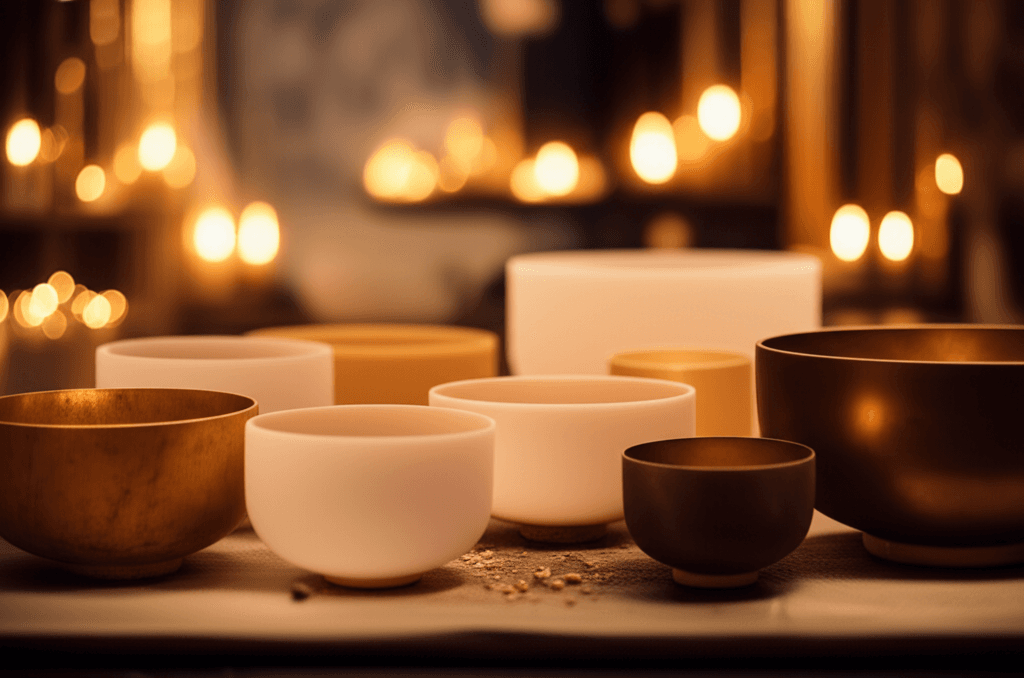 Eine ruhige Meditationsszene bei Soul Art Dubai mit Klangschalen, die eine entspannende Atmosphäre schaffen, unter der Anleitung von Larissa Steinbach zur Vata-Ausgleichung durch Klangheilung.