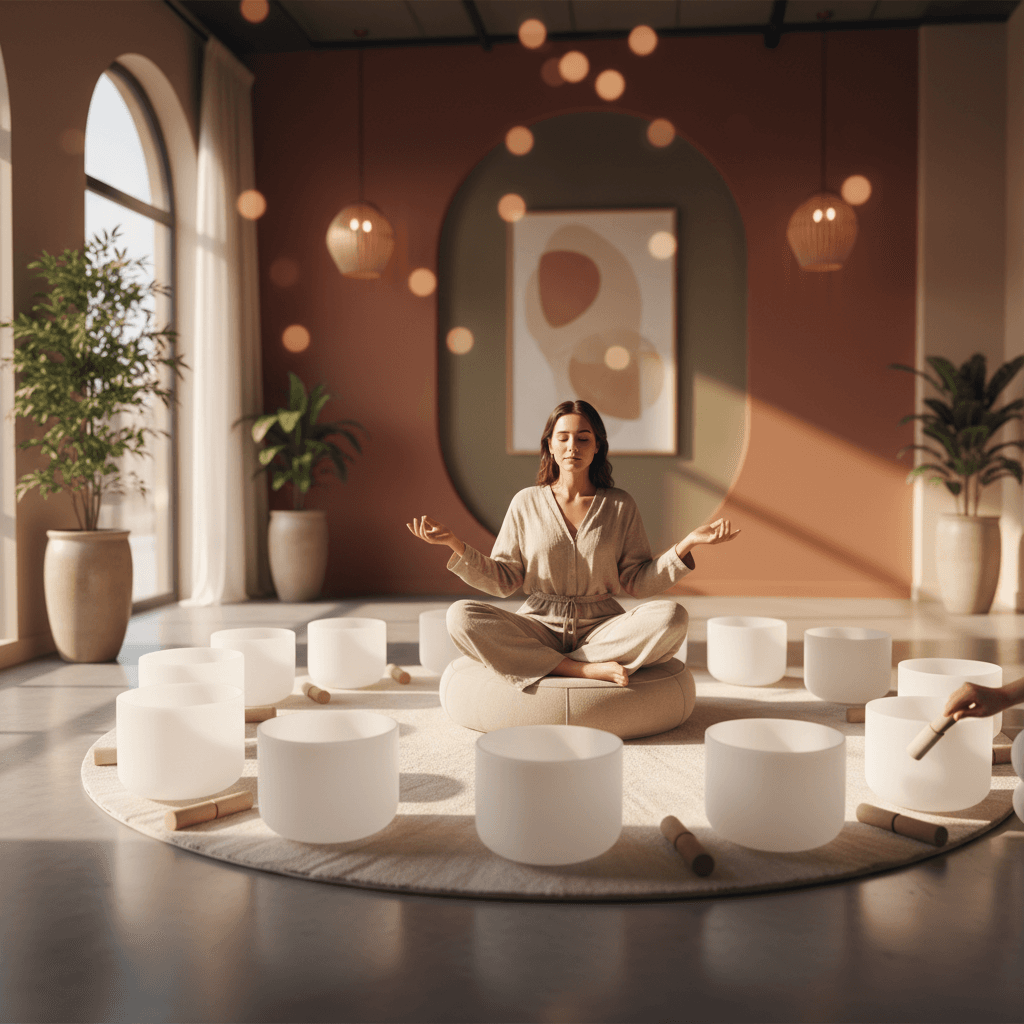 Ein Veteran in meditativer Haltung während einer Klang-Wellness-Sitzung bei Soul Art Dubai mit Larissa Steinbach, umgeben von therapeutischen Klangschalen.