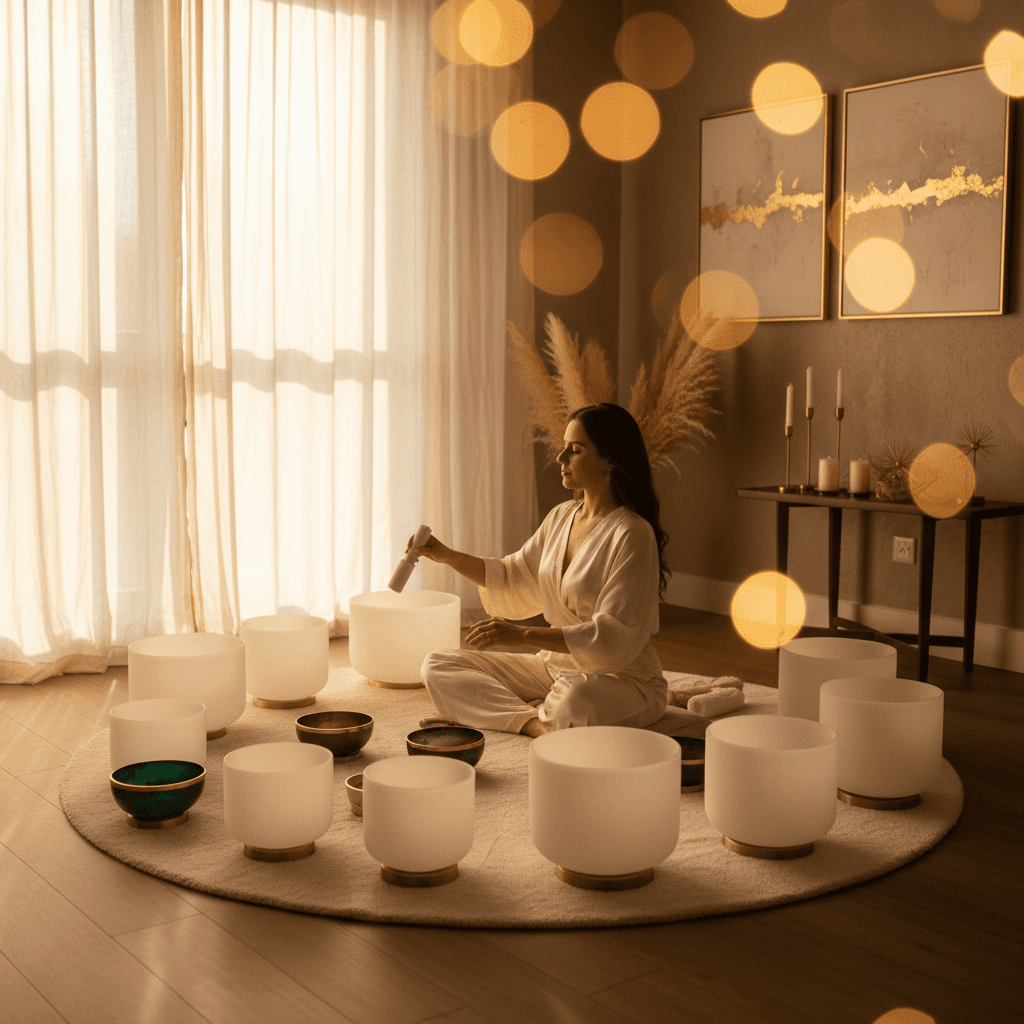 A tranquil image showing both a modern vibroacoustic bed and traditional singing bowls in a serene setting, representing Soul Art's diverse wellness offerings by Larissa Steinbach.