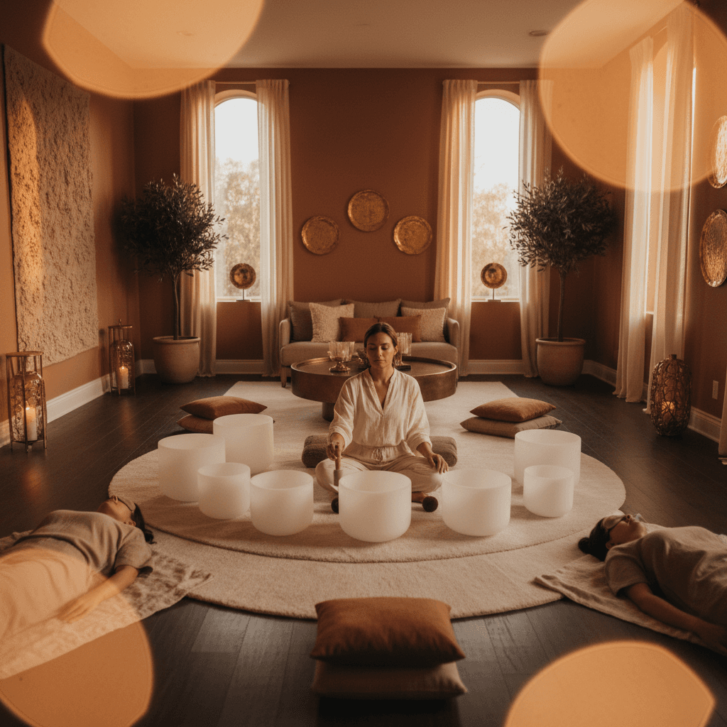 A woman relaxing on a vibroacoustic mat at home, with calming lights, embodying the Soul Art wellness experience pioneered by Larissa Steinbach.