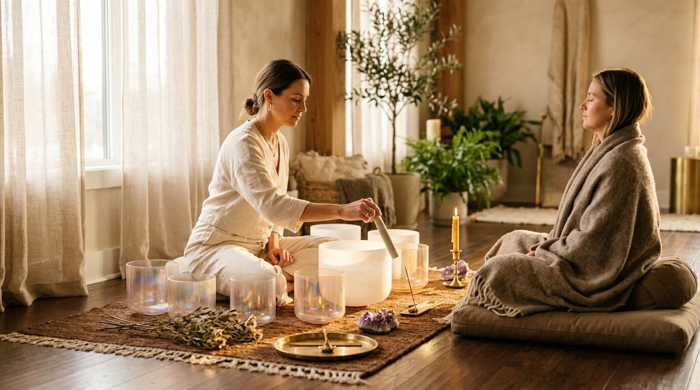A serene image of a woman experiencing vibroacoustic therapy, surrounded by gentle light, embodying the tranquil atmosphere of Soul Art, founded by Larissa Steinbach.