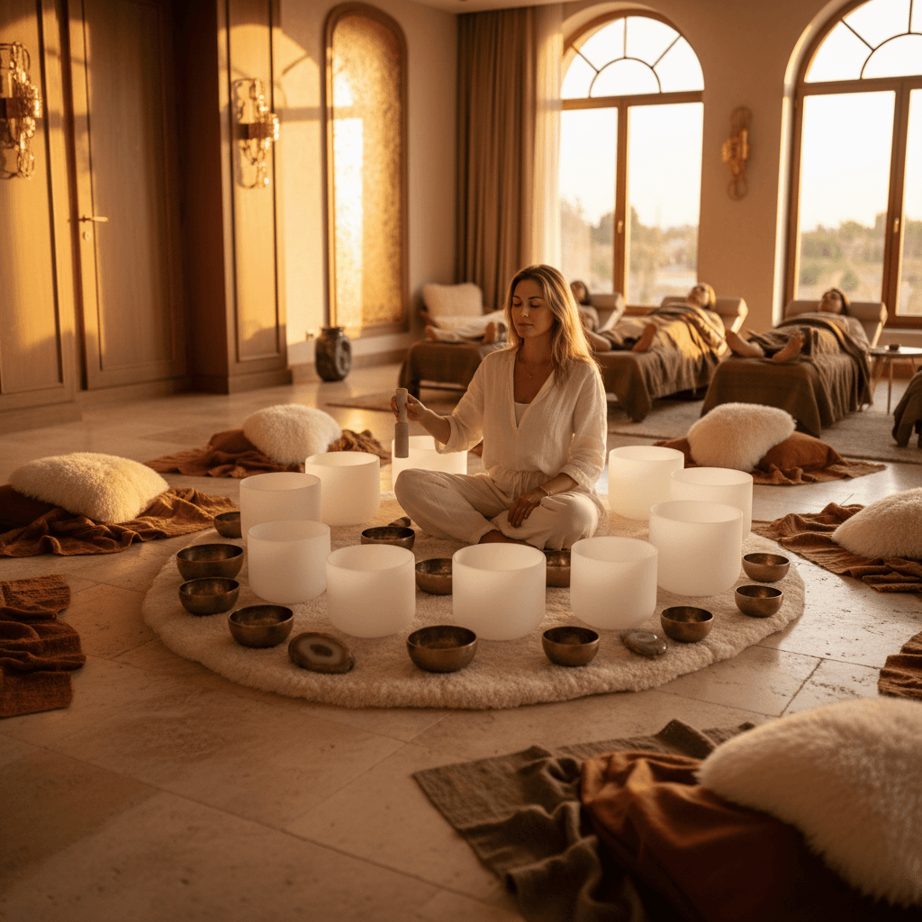 Eine Frau ruht tief entspannt auf einem vibroakustischen Therapie-Bett in einem beruhigenden, schwach beleuchteten Raum bei Soul Art, dem Wellness-Studio von Larissa Steinbach in Dubai. Grafische Wellen illustrieren die therapeutischen Schwingungen.