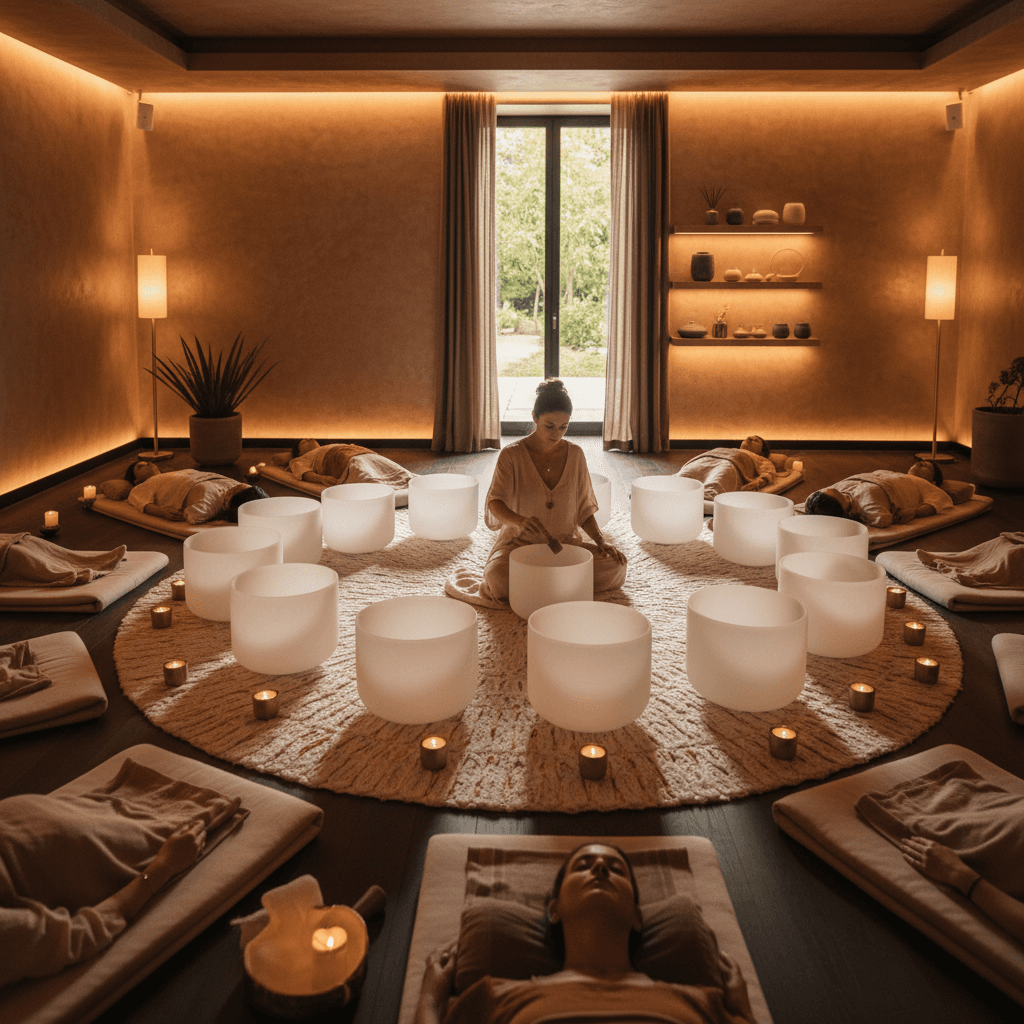Larissa Steinbach leading a vibroacoustic therapy session at Soul Art Dubai, illustrating the focused intensity of sound wellness for deep relaxation and healing.