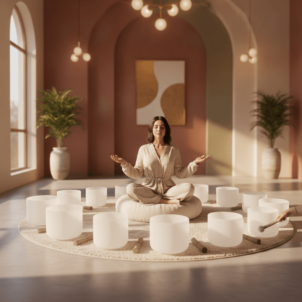 Eine Person entspannt auf einer vibroakustischen Klangliege bei Soul Art Dubai, um die Herzfrequenzvariabilität zu verbessern. Larissa Steinbach's Studio für Klang-Wellness.